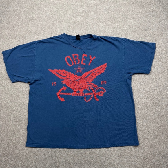 Obey Other - Vintage Obey Mens Shirt Extra Large Blue Navy Short Sleeve Hawk Anchor L…